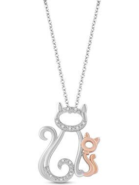10K Rose Gold & Sterling Silver Diamond Cat Pendant Necklace, Cute Animal